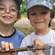 Zwei Kinder bestaunen einen Alpenbockkäfer